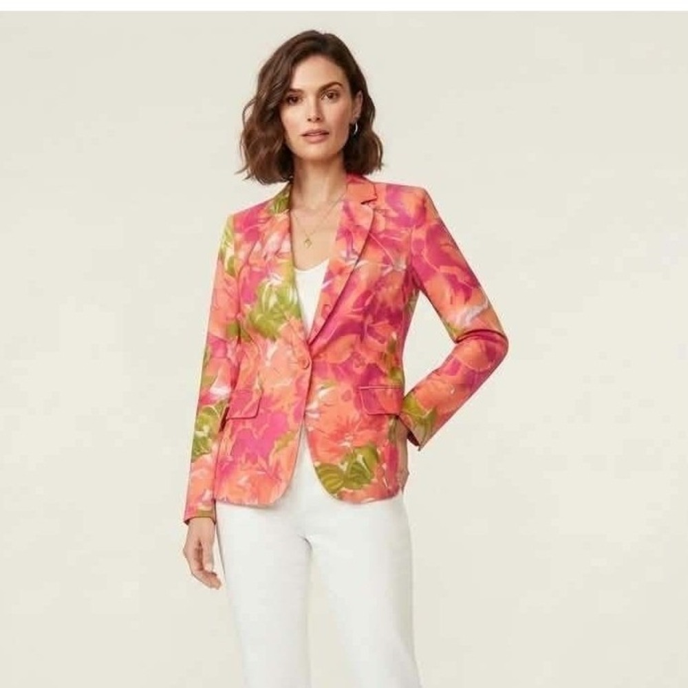 Isaac Mizrahi Blazer Womens Pink Orange Floral Print Single Breasted Jacket